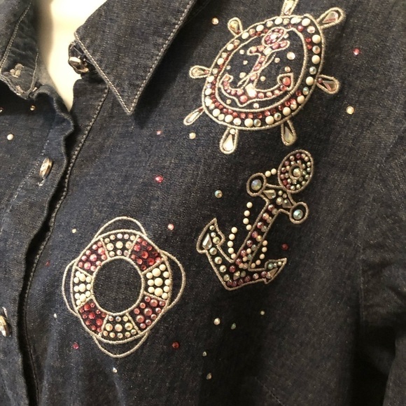 Quacker Factory Anchors Away Woven Shirt Sz. XL Denim Blue Cotton Stretch - Picture 2 of 9